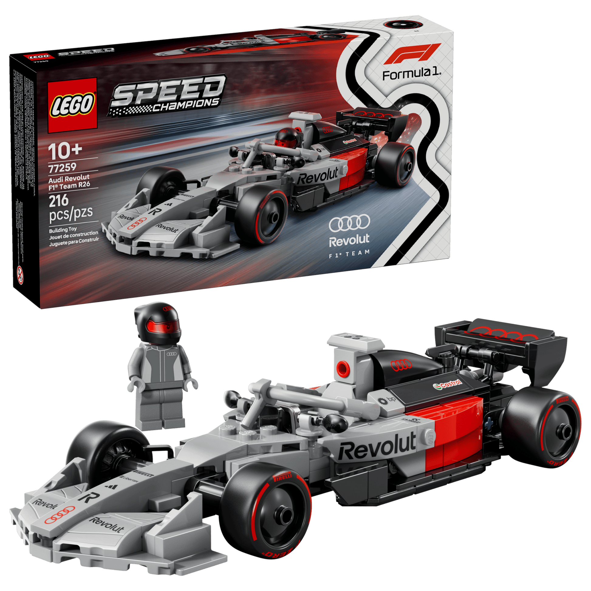 The LEGO® Speed Champions Audi Revolut F1® Team R26 Race Car by Legos - Toyhouse includes a gray and red Formula 1 toy, driver minifigure, branded box, and 216 pieces; ideal for ages 10+.