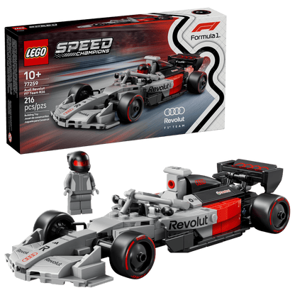 The LEGO® Speed Champions Audi Revolut F1® Team R26 Race Car by Legos - Toyhouse includes a gray and red Formula 1 toy, driver minifigure, branded box, and 216 pieces; ideal for ages 10+.