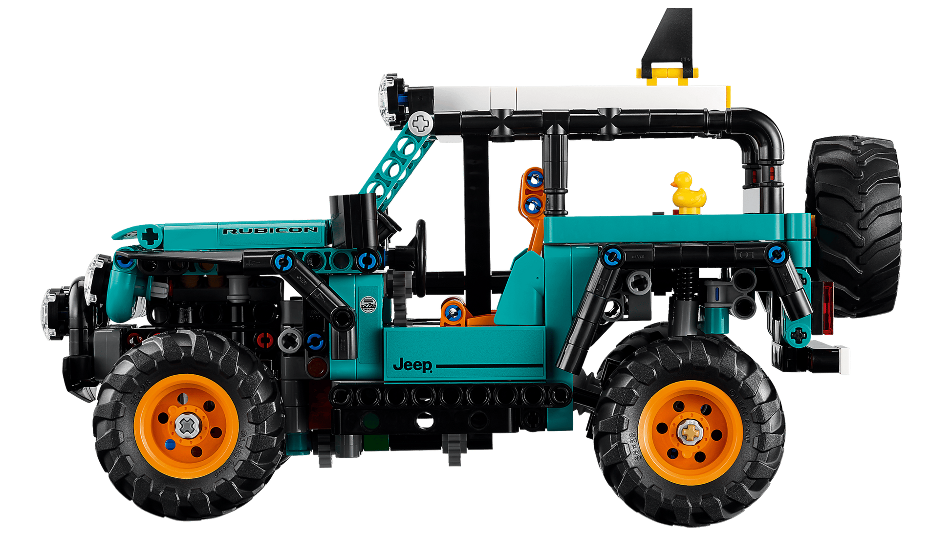 The LEGO® Technic™ Jeep® Wrangler Rubicon SUV by Legos – Toyhouse is a teal and black model with orange wheels, shown side view on a white background—perfect for collectors and model car enthusiasts.