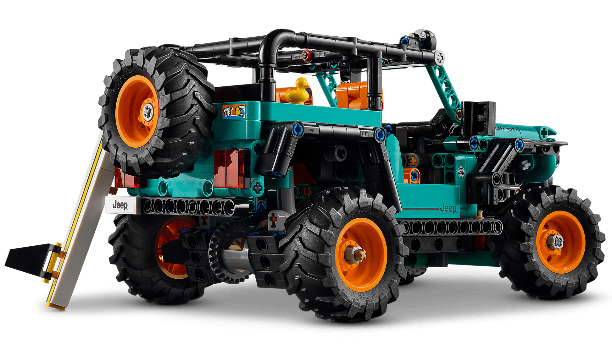 The Legos - Toyhouse LEGO® Technic™ Jeep® Wrangler Rubicon SUV kit features large off-road tires, orange wheel rims, and a roof rack, shown from the rear left angle.