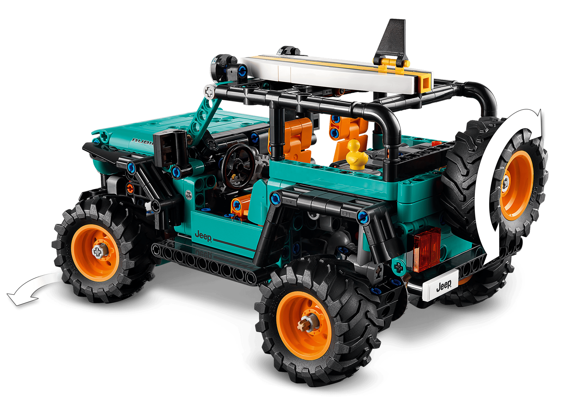 The LEGO® Technic™ Jeep® Wrangler Rubicon SUV by Legos - Toyhouse features large orange-rimmed tires, a detailed interior, spare rear tire, and moveable wheels—ideal for model car kit fans.