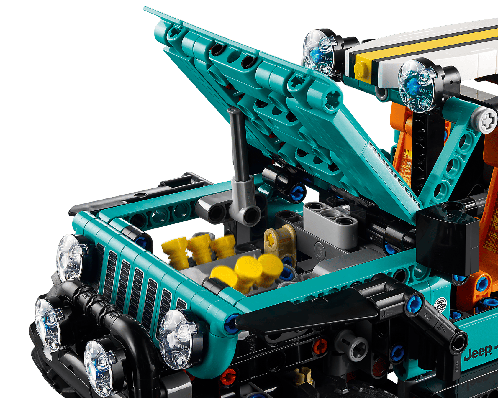 Close-up of a teal LEGO® Technic™ Jeep® Wrangler Rubicon SUV by Legos - Toyhouse, with the hood open to reveal its detailed engine and realistic internal components built from engineering toy pieces.