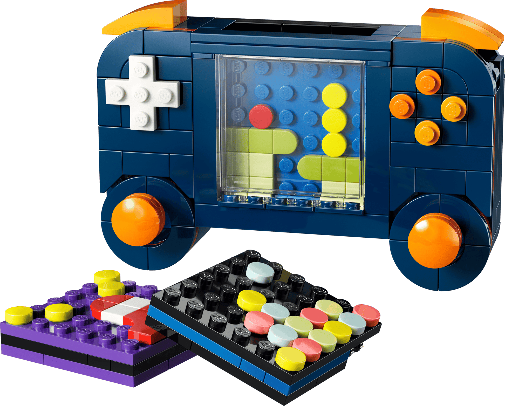 The LEGO® Creator 3-in-1 Retro Gaming Console from Legos - Toyhouse features interchangeable pixelated game screens and orange control buttons—ideal gamer room decor for fans of creative building sets.
