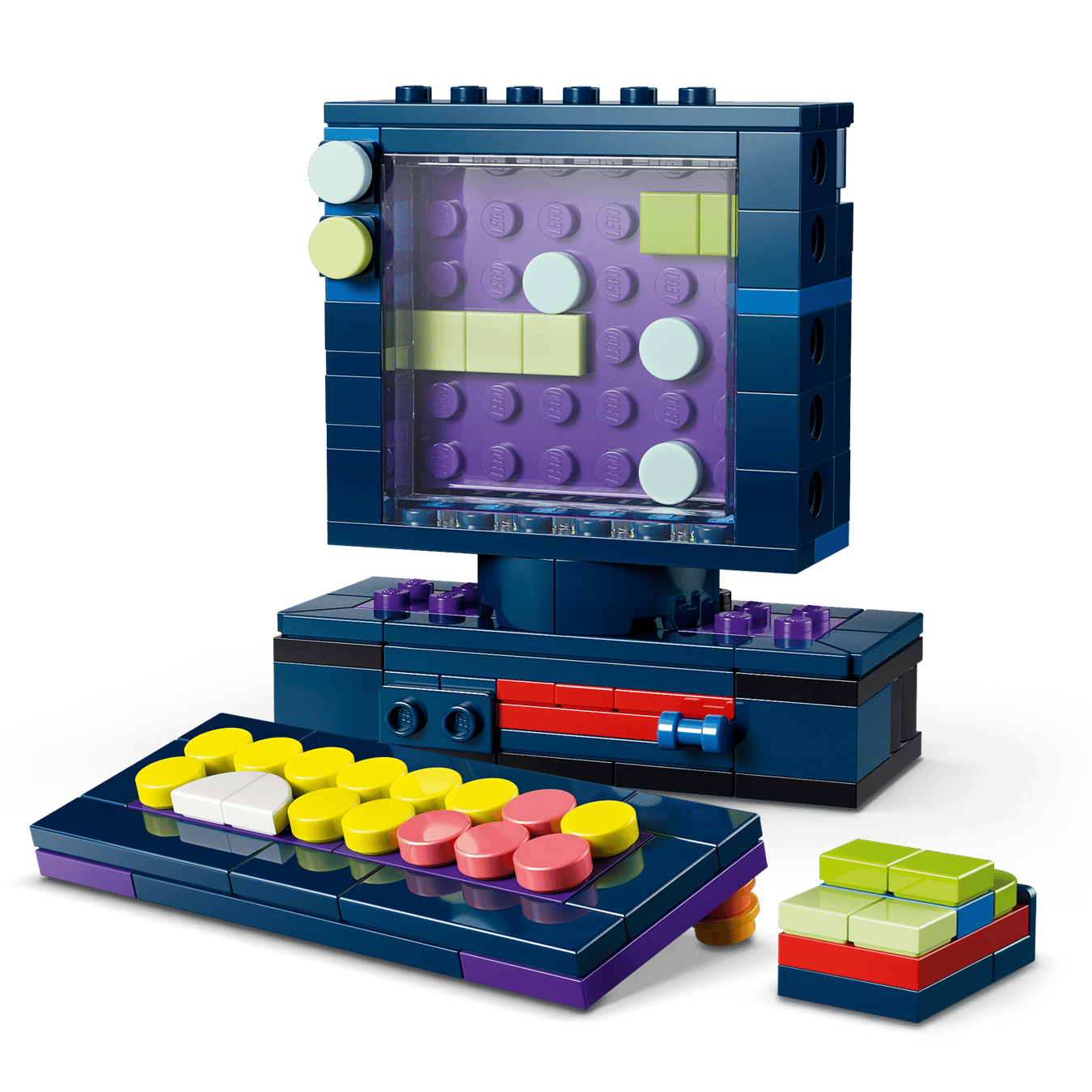The LEGO® Creator 3-in-1 Retro Gaming Console by Legos - Toyhouse features a colorful keyboard, blocky monitor with pixel art, and a small brick stack—ideal as unique gamer room decor.