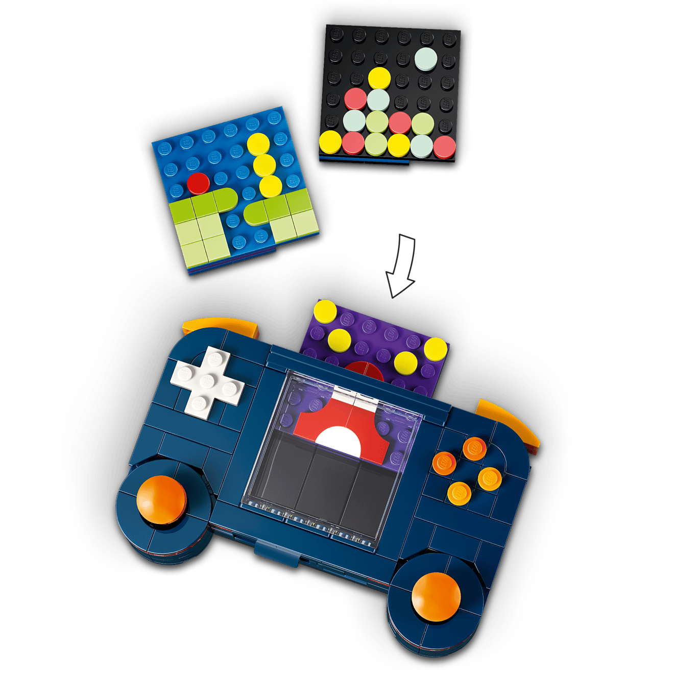 The LEGO® Creator 3-in-1 Retro Gaming Console by Legos - Toyhouse features a brick-built controller with swappable tile inserts displaying pixel art designs like a sun, dots, and shapes—ideal gamer room decor or a fun tribute to retro consoles.