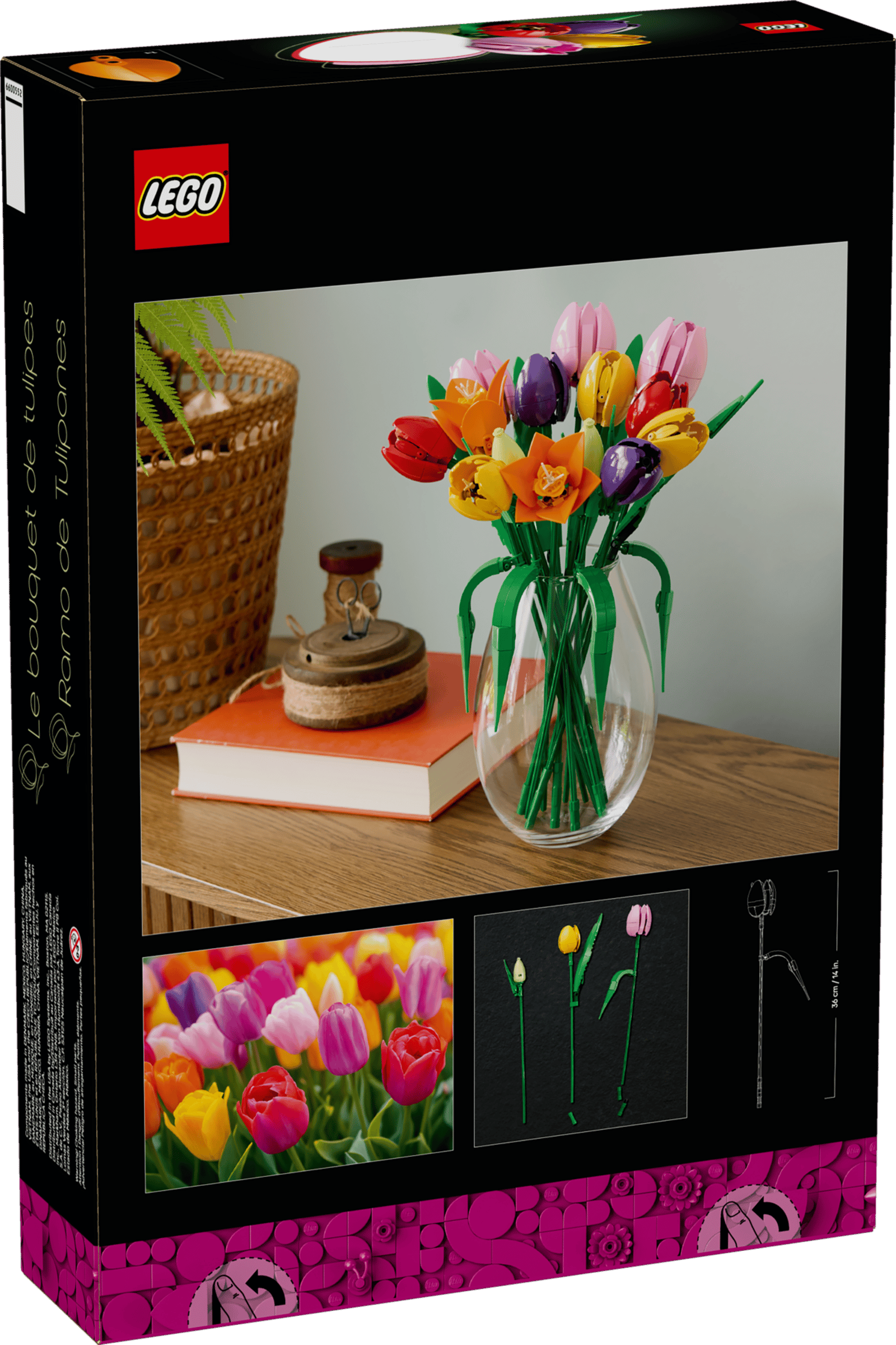 The Legos - Toyhouse LEGO® Botanicals Tulip Bouquet set features a colorful tulip bouquet in a vase, with close-ups of individual LEGO tulips—an ideal flower building set for vibrant floral home decor.