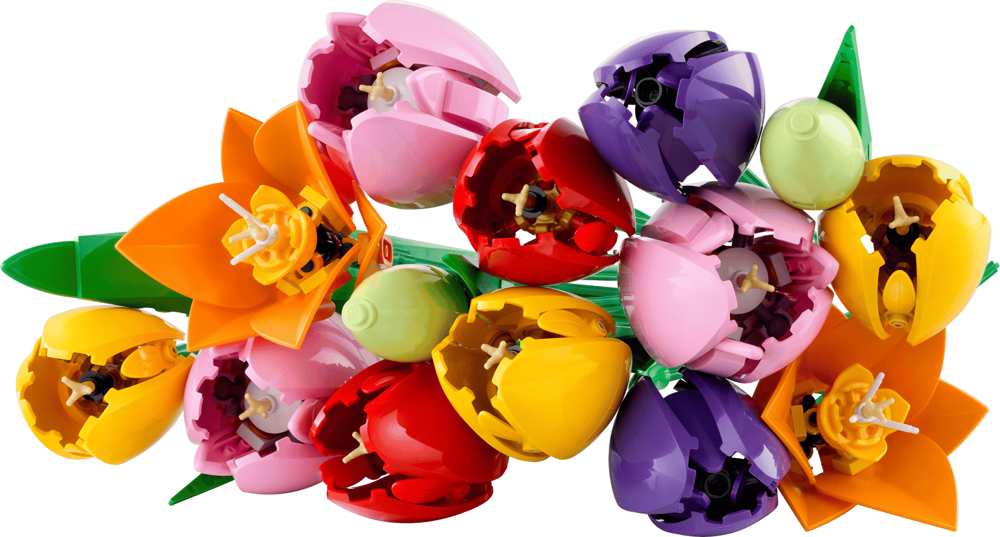 Brighten any space with the LEGO® Botanicals Tulip Bouquet by Legos - Toyhouse, featuring colorful red, yellow, orange, pink, and purple tulips with lush green stems and leaves—ideal for unique floral home decor.