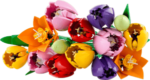 Brighten any space with the LEGO® Botanicals Tulip Bouquet by Legos - Toyhouse, featuring colorful red, yellow, orange, pink, and purple tulips with lush green stems and leaves—ideal for unique floral home decor.