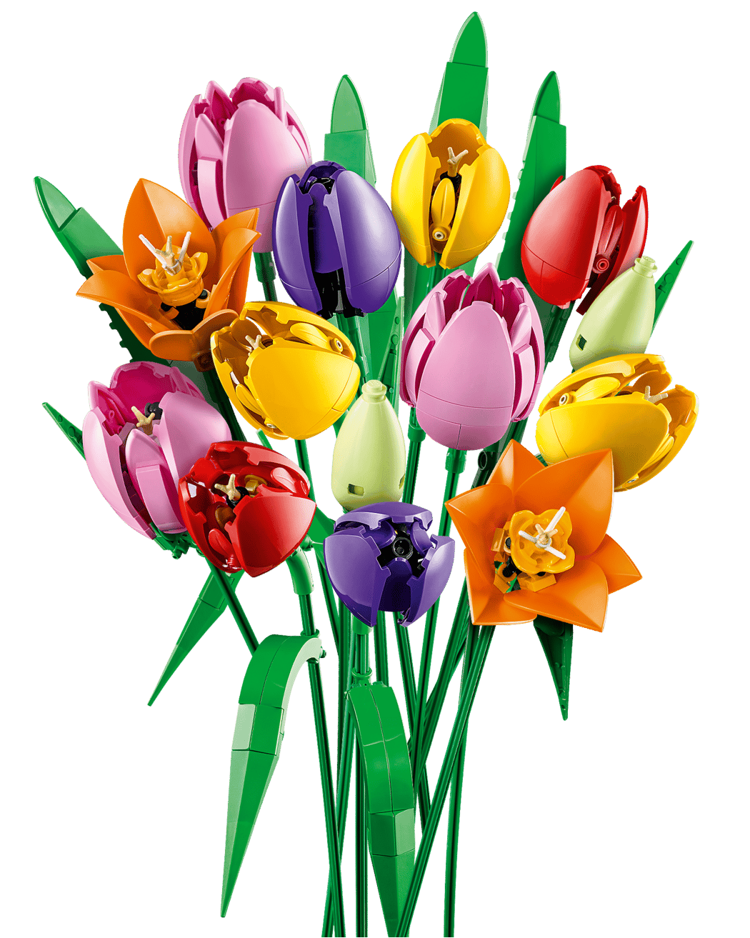 The LEGO® Botanicals Tulip Bouquet by Legos - Toyhouse features vibrant tulips and lilies with green stems and leaves—a playful building set ideal for floral home decor.