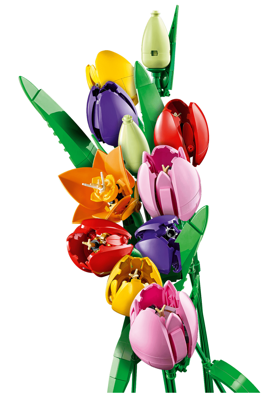 The LEGO® Botanicals Tulip Bouquet by Legos - Toyhouse features colorful red, yellow, orange, purple, and pink blossoms with green stems and leaves—perfect as playful floral home decor.