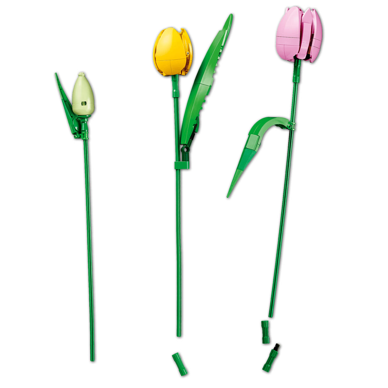 The Legos - Toyhouse LEGO® Botanicals Tulip Bouquet set displays three tulip flowers with green stems and yellow, pink, and pale green heads at varying assembly stages—ideal as floral home decor against a white background.
