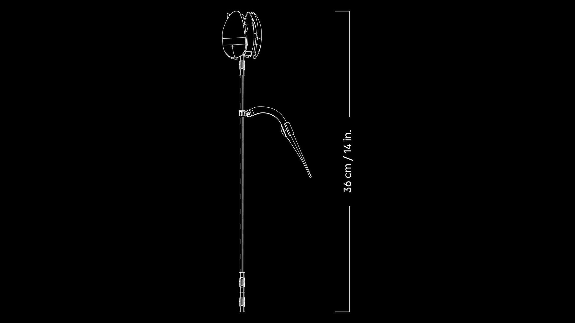 Line drawing of a 36 cm (14 in) garden stake with fixture on black background—ideal for showcasing your Legos - Toyhouse LEGO® Botanicals Tulip Bouquet or adding a touch of floral style to your home decor.