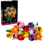 The LEGO® Botanicals Tulip Bouquet by Legos - Toyhouse features colorful tulip flowers as charming floral home decor, beautifully arranged and displayed in front of the product box.