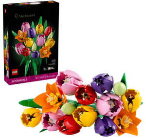 The LEGO® Botanicals Tulip Bouquet by Legos - Toyhouse features colorful tulip flowers as charming floral home decor, beautifully arranged and displayed in front of the product box.