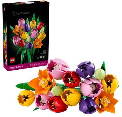 The LEGO® Botanicals Tulip Bouquet by Legos - Toyhouse features colorful tulip flowers as charming floral home decor, beautifully arranged and displayed in front of the product box.