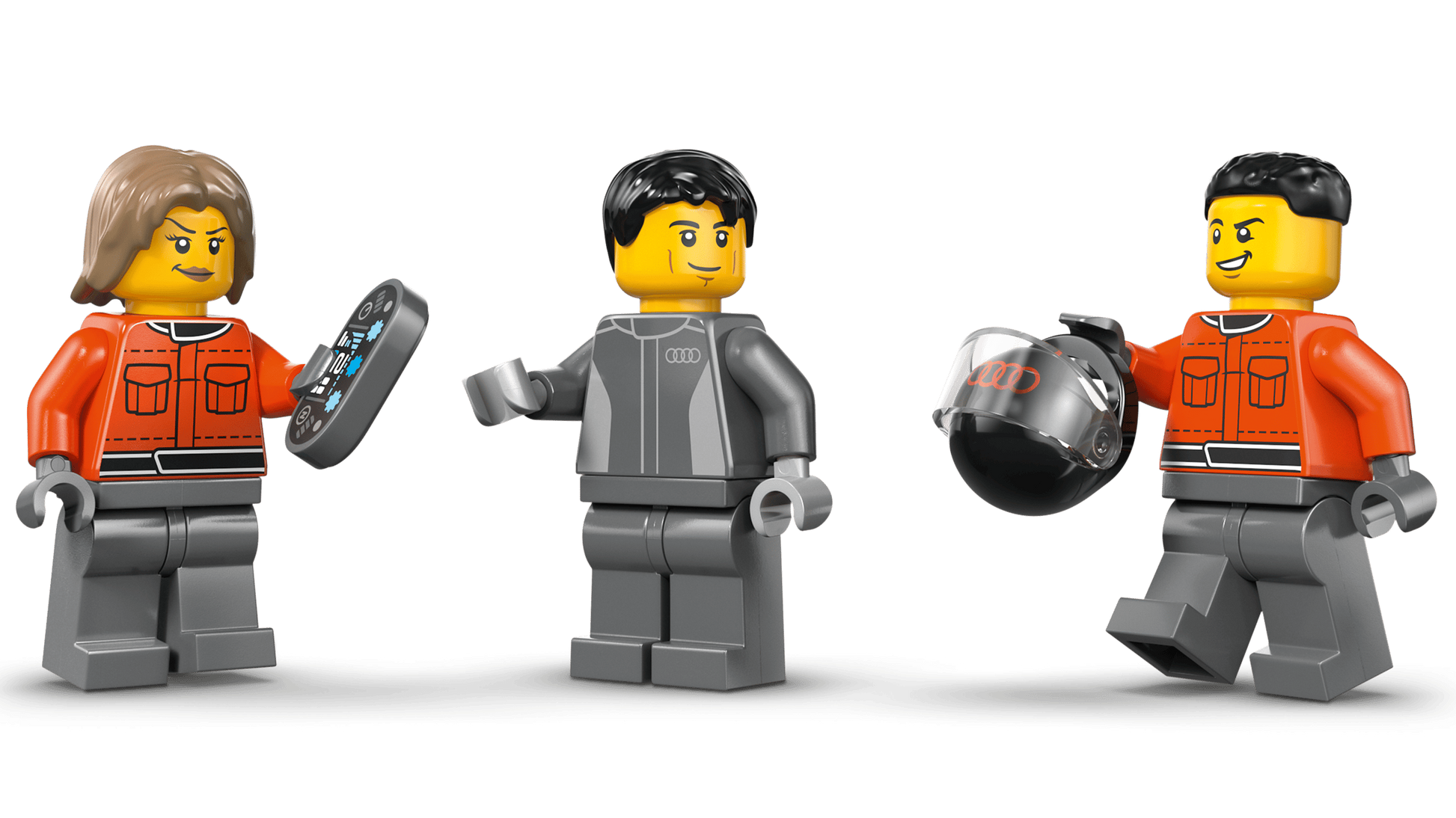 Three minifigures with a tablet, gray outfit, and helmet gather by the LEGO® City F1® Display Truck with Audi F1® Race Car building kit from Legos - Toyhouse.