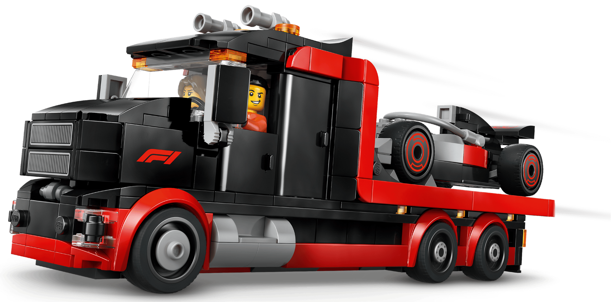The LEGO® City F1® Display Truck with Audi F1® Race Car by Legos - Toyhouse includes a red flatbed truck with two minifigures in the cab, plus an Audi F1® race car—perfect for young racing fans who love building and imaginative play.