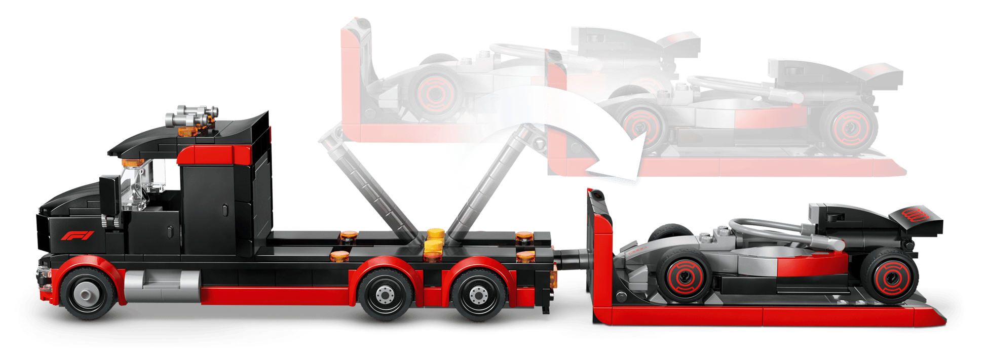 The Legos - Toyhouse LEGO® City F1® Display Truck with Audi F1® Race Car features a tilting flatbed that loads the race car—a perfect toy building kit for racing fans.