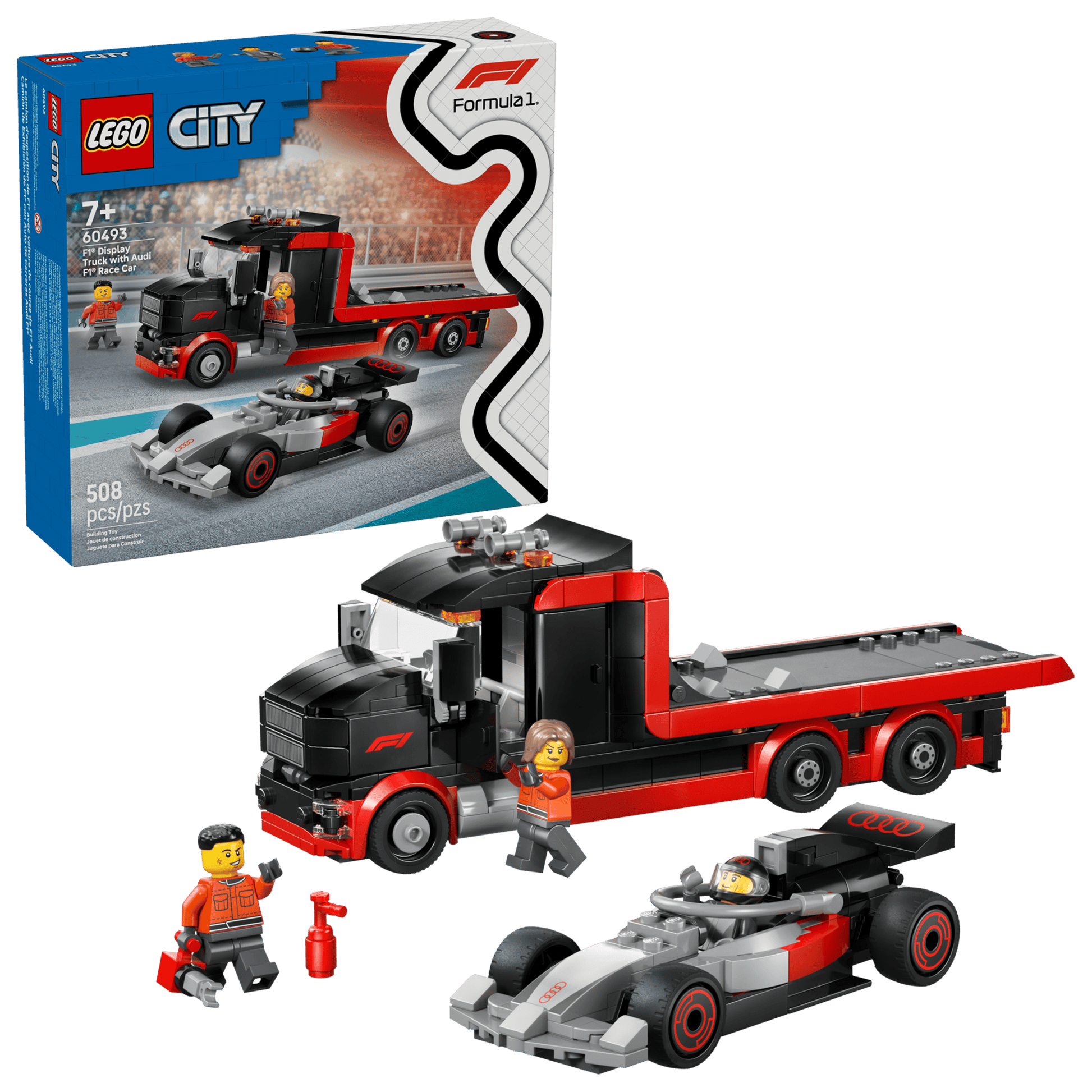 The LEGO® City F1® Display Truck with Audi F1® Race Car by Legos - Toyhouse includes a black and red transporter truck, an Audi F1® race car, three minifigures, and accessories—ideal for toy car kit fans. Product box shown in background.