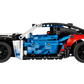 Side view of the LEGO® Technic™ BMW M4 GT3 EVO Race Car by Legos - Toyhouse, in blue, black, and red with visible wheels, spoiler, and detailed body—ideal as a STEM toy or model kit for car enthusiasts.