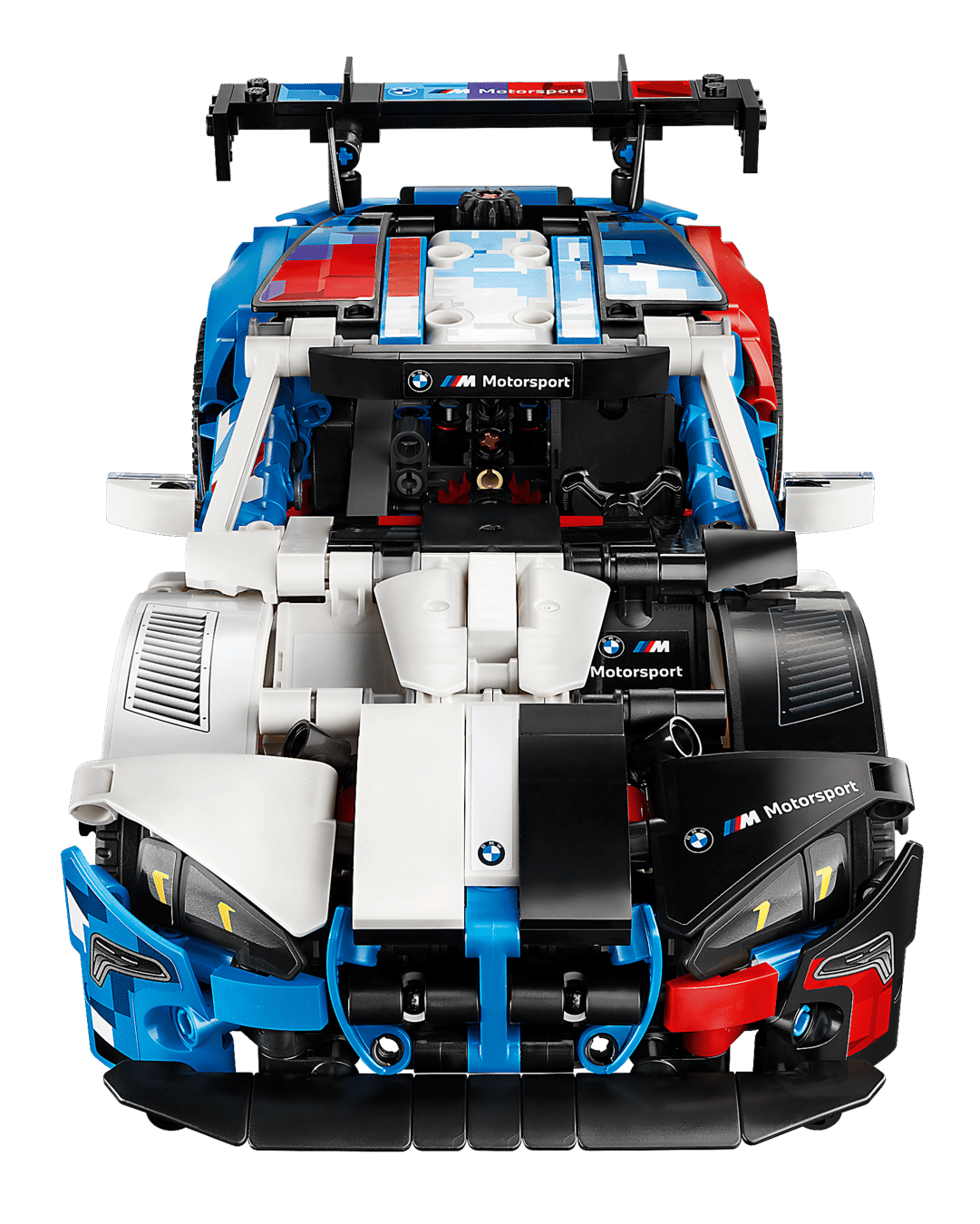 Front view of the LEGO® Technic™ BMW M4 GT3 EVO Race Car by Legos - Toyhouse in blue, white, and black with BMW Motorsport logos and a rear spoiler—a perfect STEM building toy for car enthusiasts.