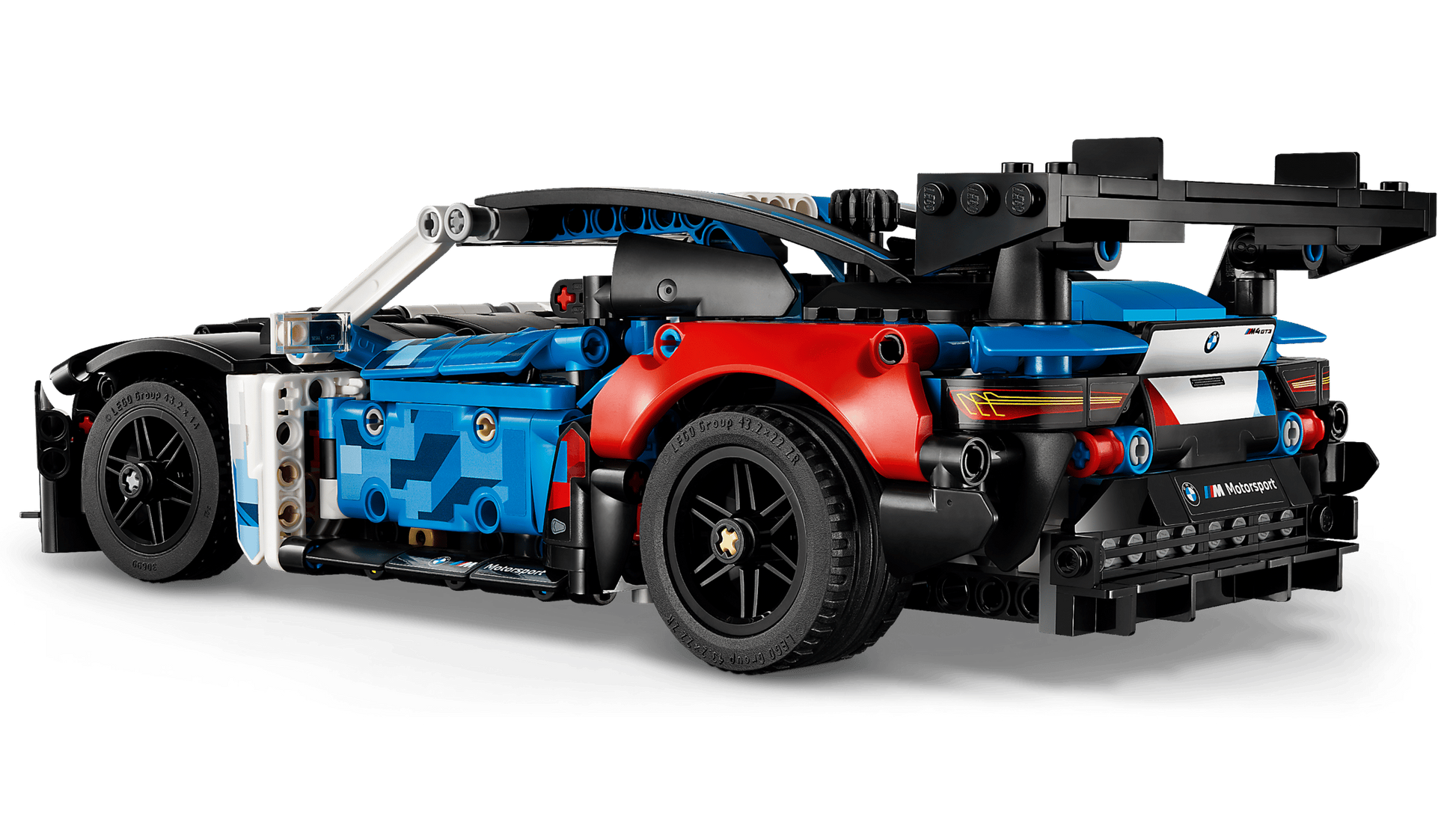 The Legos - Toyhouse LEGO® Technic™ BMW M4 GT3 EVO Race Car features blue and red panels, black rear wing and wheels, detailed taillights, and is an ideal STEM building toy for racing fans.