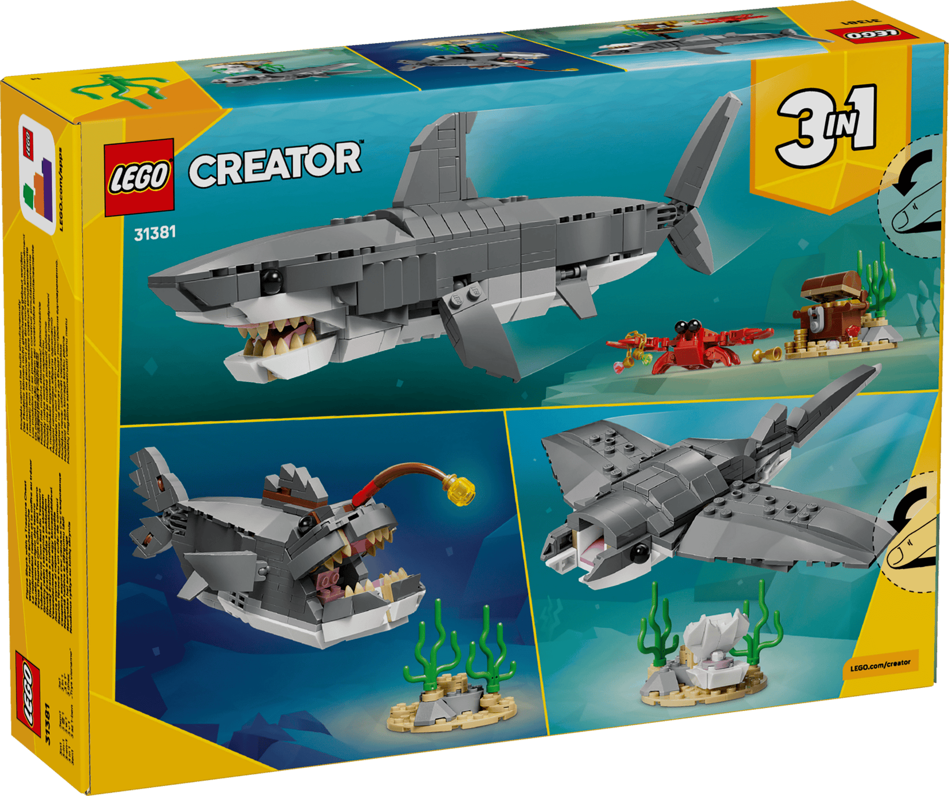 The Legos - Toyhouse LEGO® Creator 3-in-1 Fierce Shark with a Treasure Chest set lets you build a shark, angler fish, or manta ray with ocean scenes—ideal for sea animal fans.