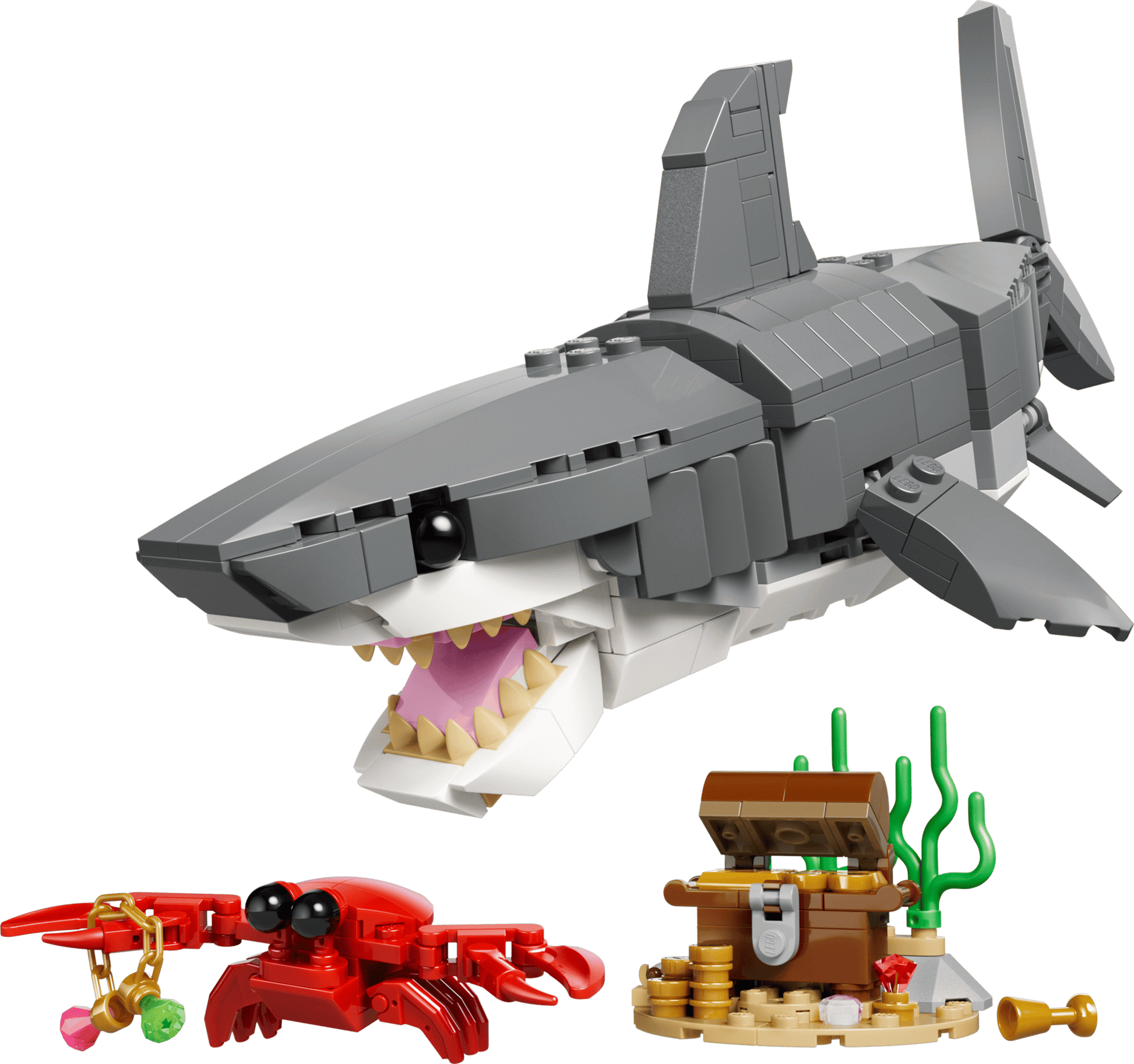 The LEGO® Creator 3-in-1 Fierce Shark with a Treasure Chest by Legos - Toyhouse includes a gray shark, red crab with a gold coin, and treasure chest for imaginative sea adventures.