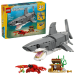 Legos - Toyhouse LEGO® Creator 3-in-1 Fierce Shark with a Treasure Chest features a sea animal toy shark, crab, and treasure chest; set number 31088; recommended for ages 8+, with product box shown in the background.