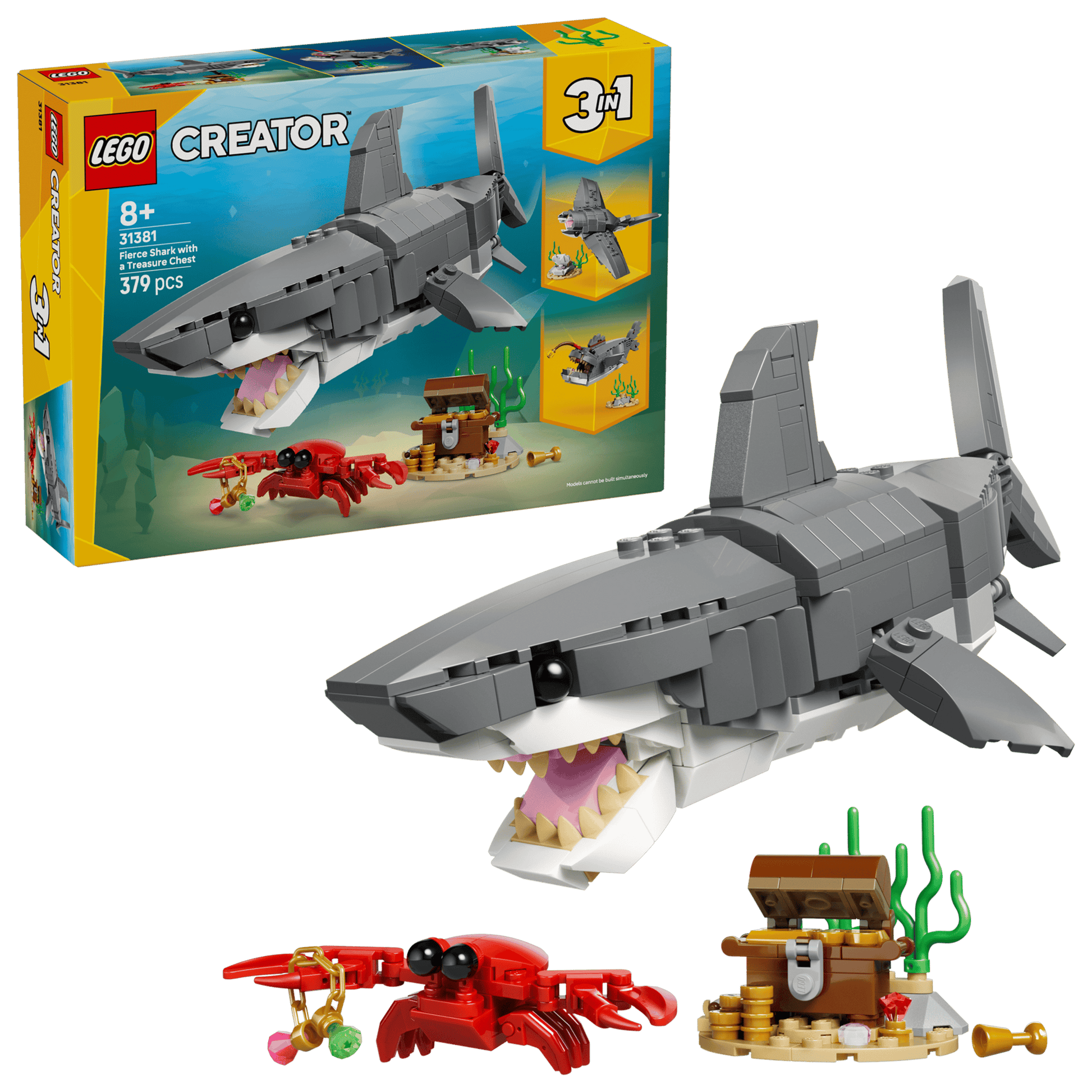 Legos - Toyhouse LEGO® Creator 3-in-1 Fierce Shark with a Treasure Chest features a sea animal toy shark, crab, and treasure chest; set number 31088; recommended for ages 8+, with product box shown in the background.