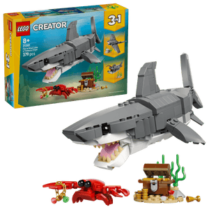 Legos - Toyhouse LEGO® Creator 3-in-1 Fierce Shark with a Treasure Chest features a sea animal toy shark, crab, and treasure chest; set number 31088; recommended for ages 8+, with product box shown in the background.