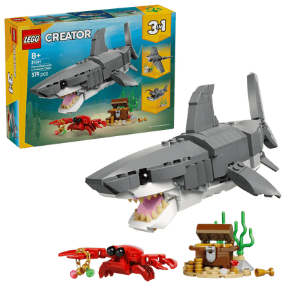 Legos - Toyhouse LEGO® Creator 3-in-1 Fierce Shark with a Treasure Chest features a sea animal toy shark, crab, and treasure chest; set number 31088; recommended for ages 8+, with product box shown in the background.
