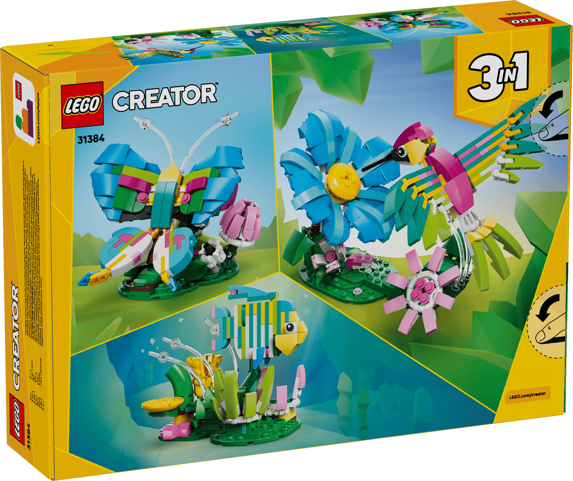 The LEGO® Creator 3-in-1 Wild Animals: Colorful Hummingbird set from Legos - Toyhouse lets kids build a vibrant hummingbird with flower, butterfly, or fish with underwater plants for creative play.
