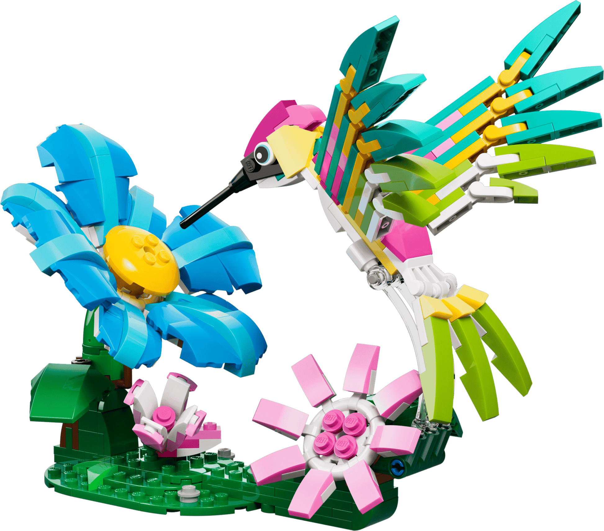 The Legos - Toyhouse LEGO® Creator 3-in-1 Wild Animals: Colorful Hummingbird set features a vibrant hummingbird with a blue and yellow flower and two pink blossoms—a great pick for fans of animal figure sets.
