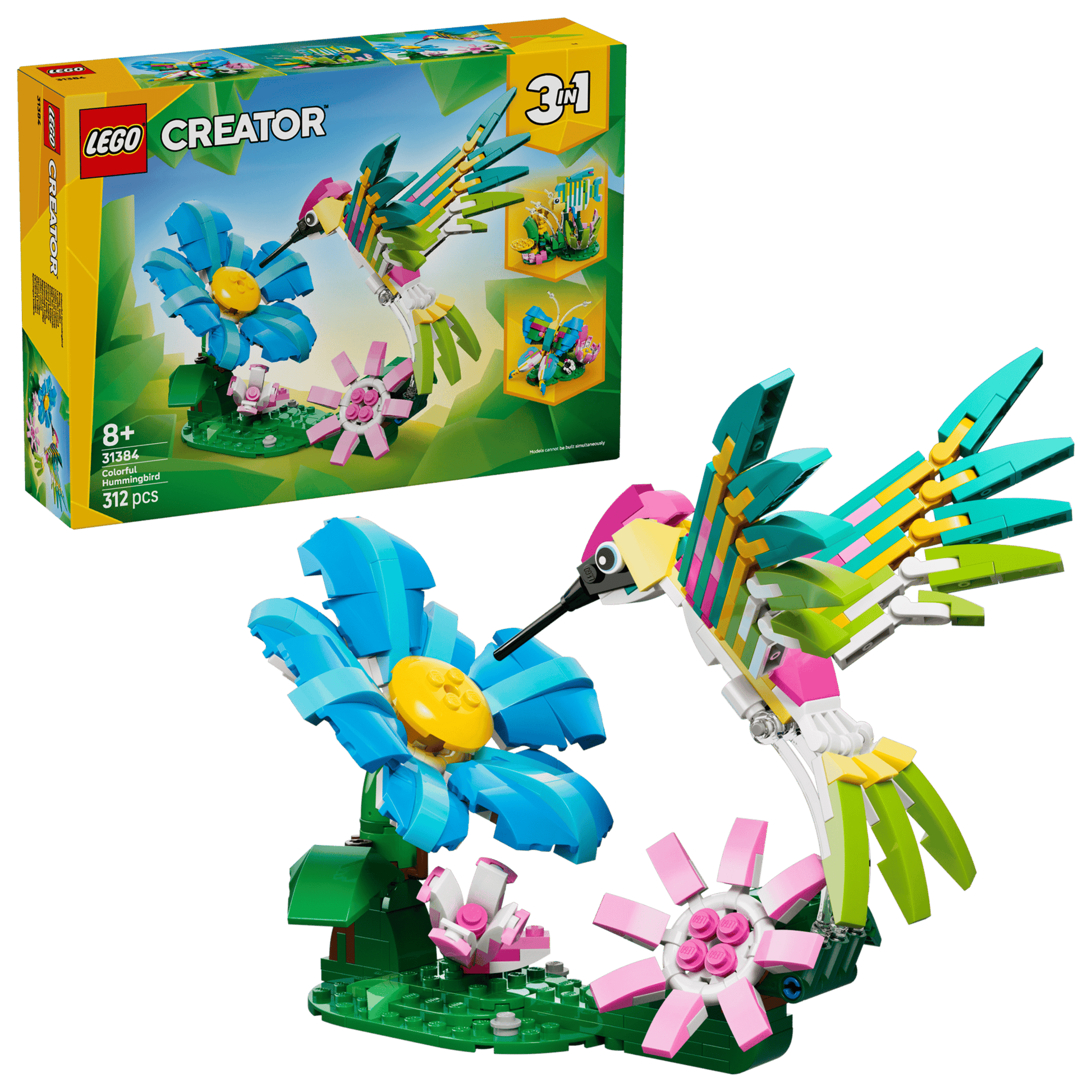 Legos - Toyhouse LEGO® Creator 3-in-1 Wild Animals: Colorful Hummingbird lets you build a vibrant hummingbird near flowers, with the box in the background—ideal for animal figures set collectors.