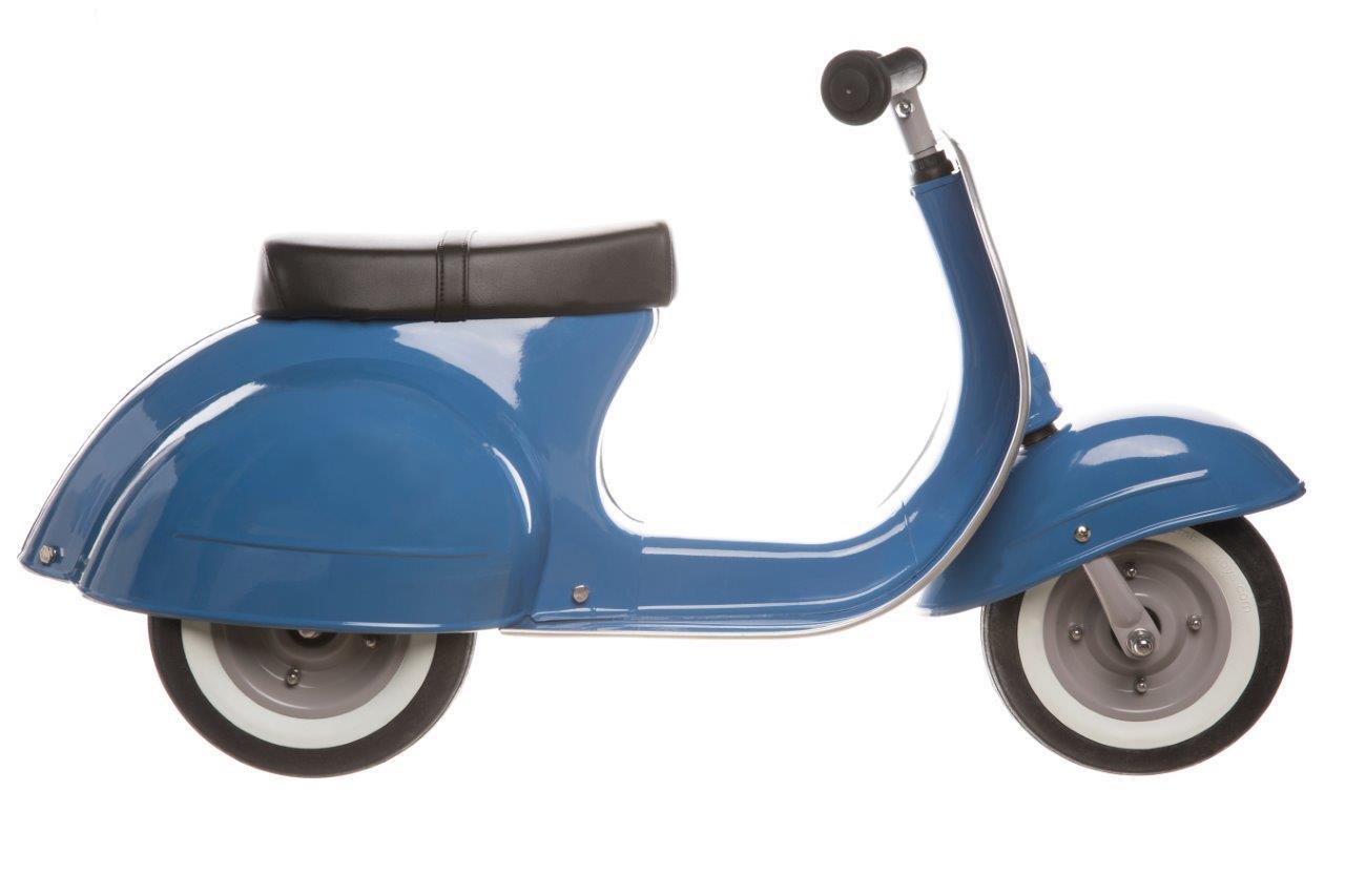 A blue and white vintage-style Primo Ride On Kids Toy Classic Scooter by Amboss Toys with a black seat and two wheels, made from high-quality materials.