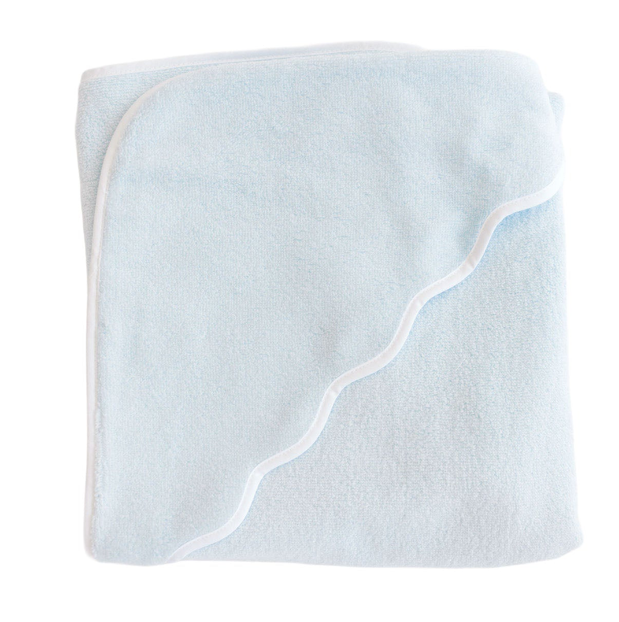 The Terry Tots Kids’ Scalloped Hooded Towel is displayed folded in light blue with a crisp white trim and a distinctive wavy edge, making it a charming essential for any nursery.