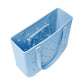 The Baby Bogg® Bag by Bogg Bags features a light blue rectangular design with circular and diamond-shaped holes, double handles, and a transparent zippered pouch inside. This durable tote is also washable, making it ideal for everyday use.