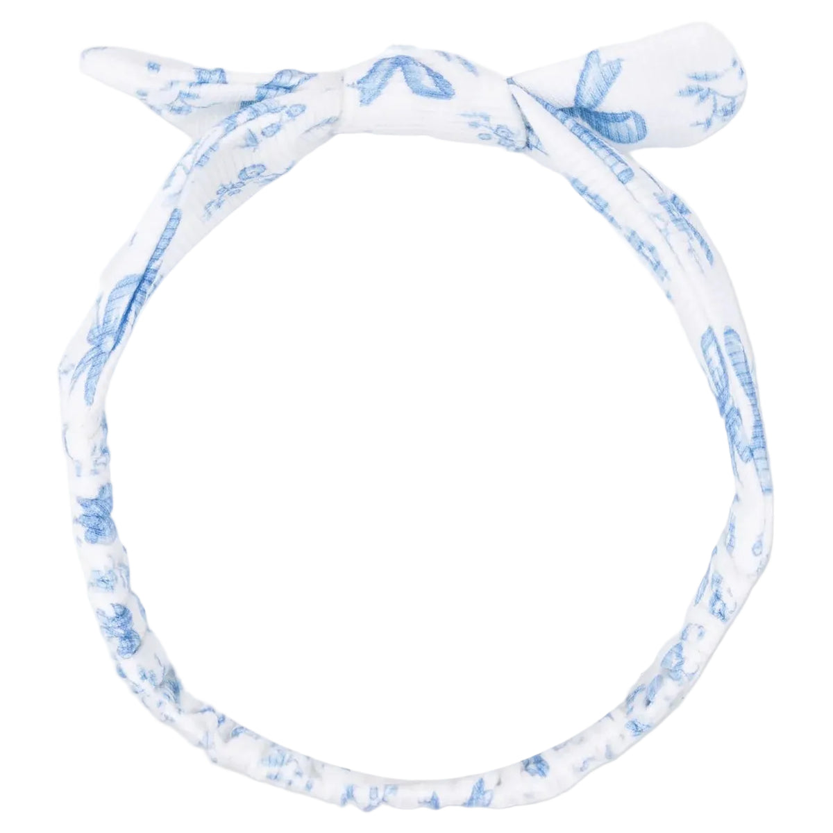 The Angel Dear Knot Headband is a white fabric baby headband featuring a light blue floral and bow pattern with a stylish knot at the top.