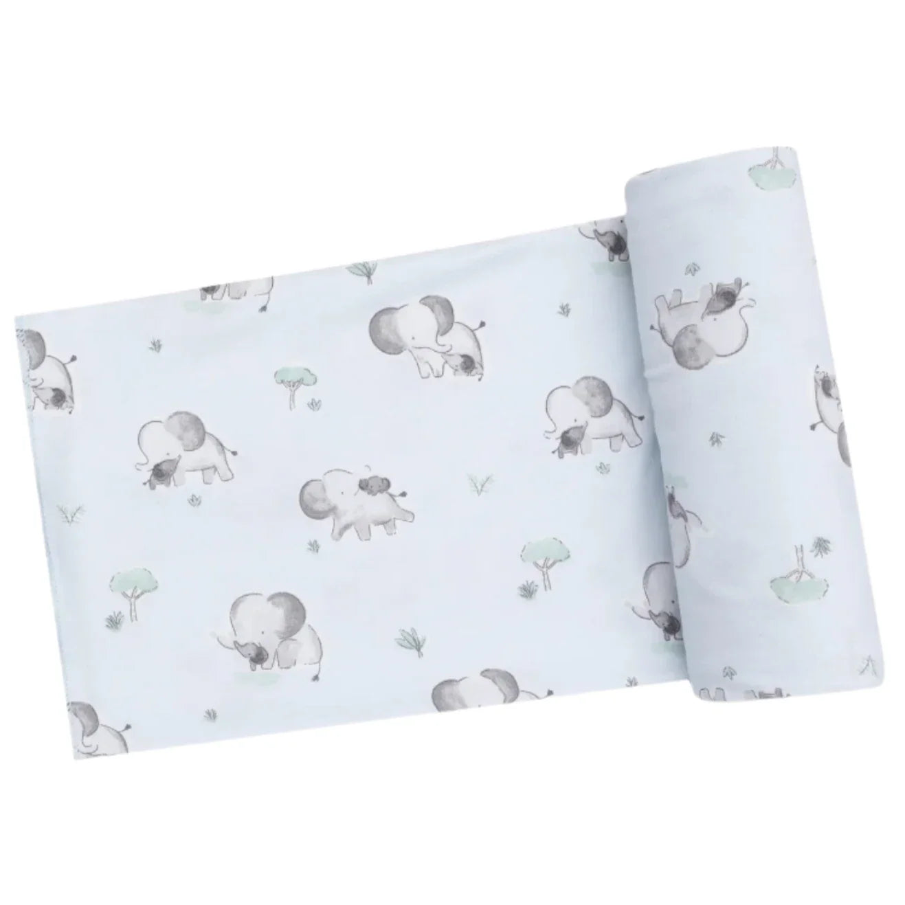 The Gray Elephants Blue Swaddle Blanket by Angel Dear features light blue fabric with gray elephants and green trees, perfect for crafting snuggly swaddles.