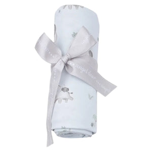 Angel Dear Gray Elephants Blue Swaddle Blanket featuring soft and stretchy animal prints, made from viscose from bamboo and tied with a gray ribbon.