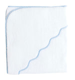 The Terry Tots Kids’ Scalloped Hooded Towel is a charming nursery essential featuring a white fold, soft blue trim, and a playful wavy blue line along one edge—perfect for keeping your baby cozy and dry after bath time.