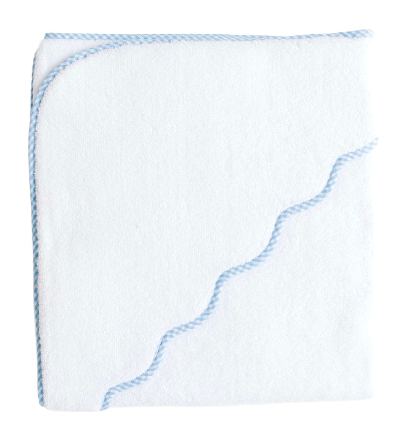 The Terry Tots Kids’ Scalloped Hooded Towel is a charming nursery essential featuring a white fold, soft blue trim, and a playful wavy blue line along one edge—perfect for keeping your baby cozy and dry after bath time.