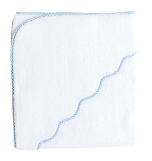 The Terry Tots Kids’ Scalloped Hooded Towel is a charming nursery essential featuring a white fold, soft blue trim, and a playful wavy blue line along one edge—perfect for keeping your baby cozy and dry after bath time.