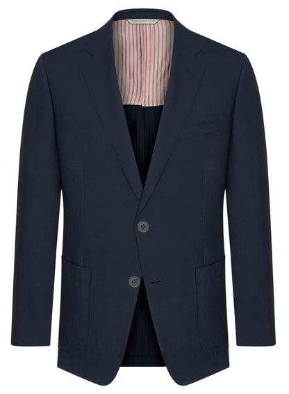 The Samuelsohn Garner Revenge Poplin Blazer offers notched lapels, two buttons, patch pockets, and a striped lining. Crafted from luxurious Super 150s wool, this blazer combines timeless elegance with impeccable craftsmanship.