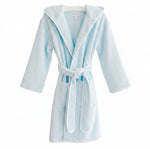 The Terry Tots Kids’ Bathrobe - Blue is a plush terrycloth robe with a hood, long sleeves, front pockets, and a matching waist tie, shown on a white hanger against a plain background.