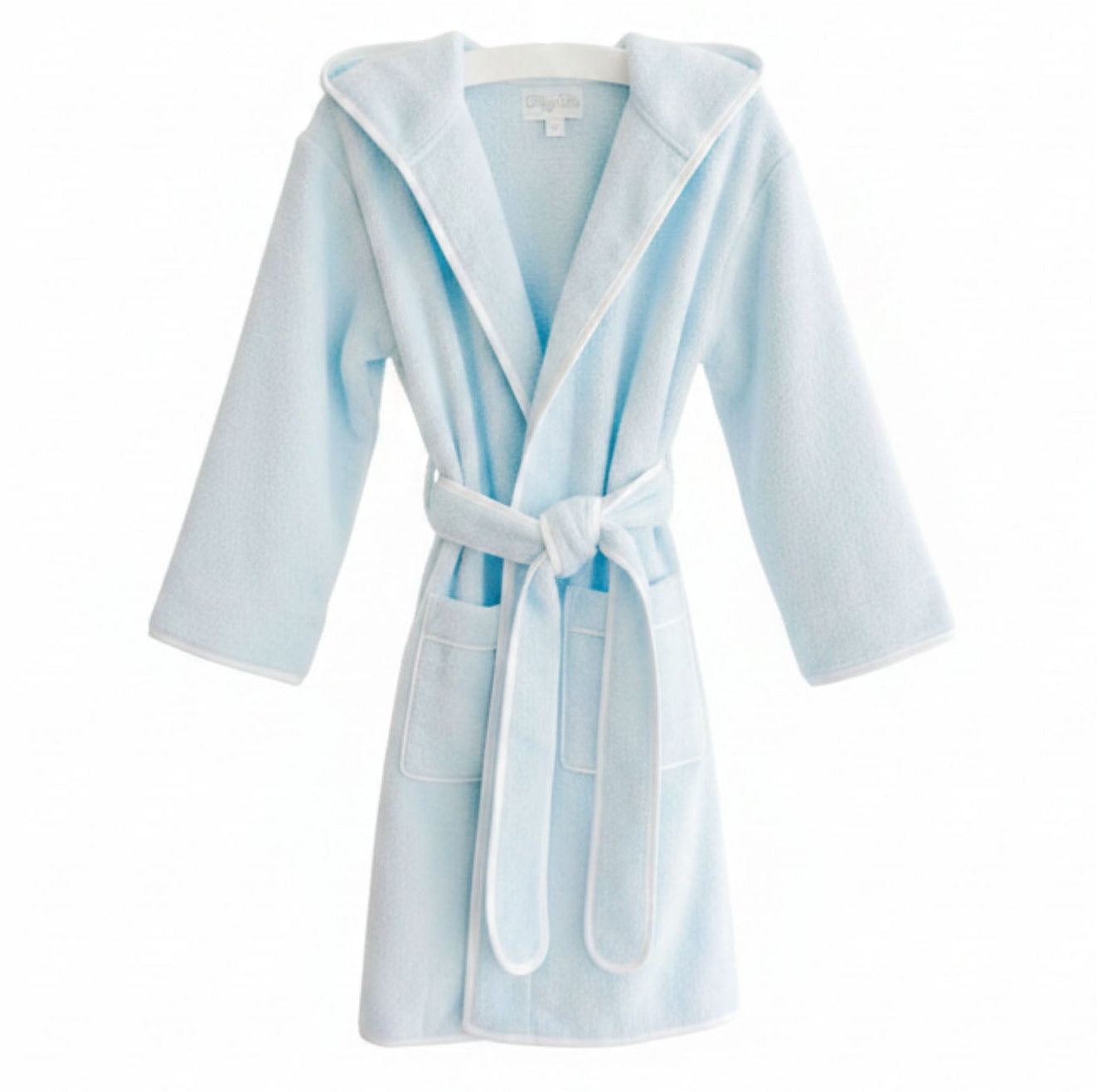 The Terry Tots Kids’ Bathrobe - Blue is a plush terrycloth robe with a hood, long sleeves, front pockets, and a matching waist tie, shown on a white hanger against a plain background.