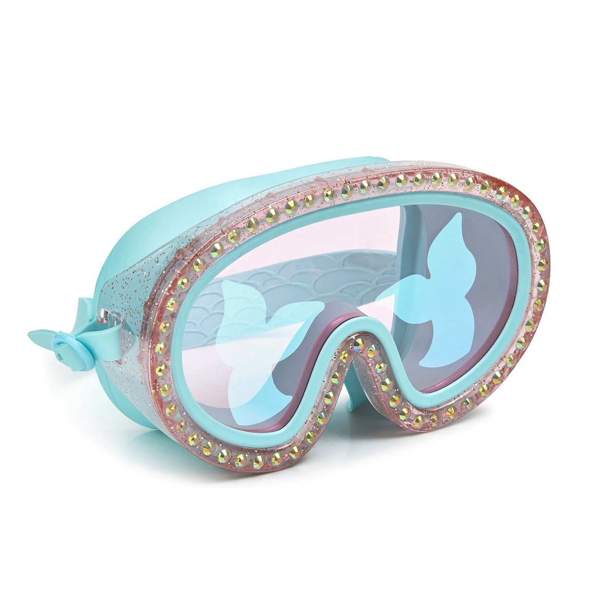 A pair of Bling2o Blue Sushi Blue Sea Swim Mask swimming goggles, embellished with rhinestones and featuring a whimsical butterfly pattern on the lenses.