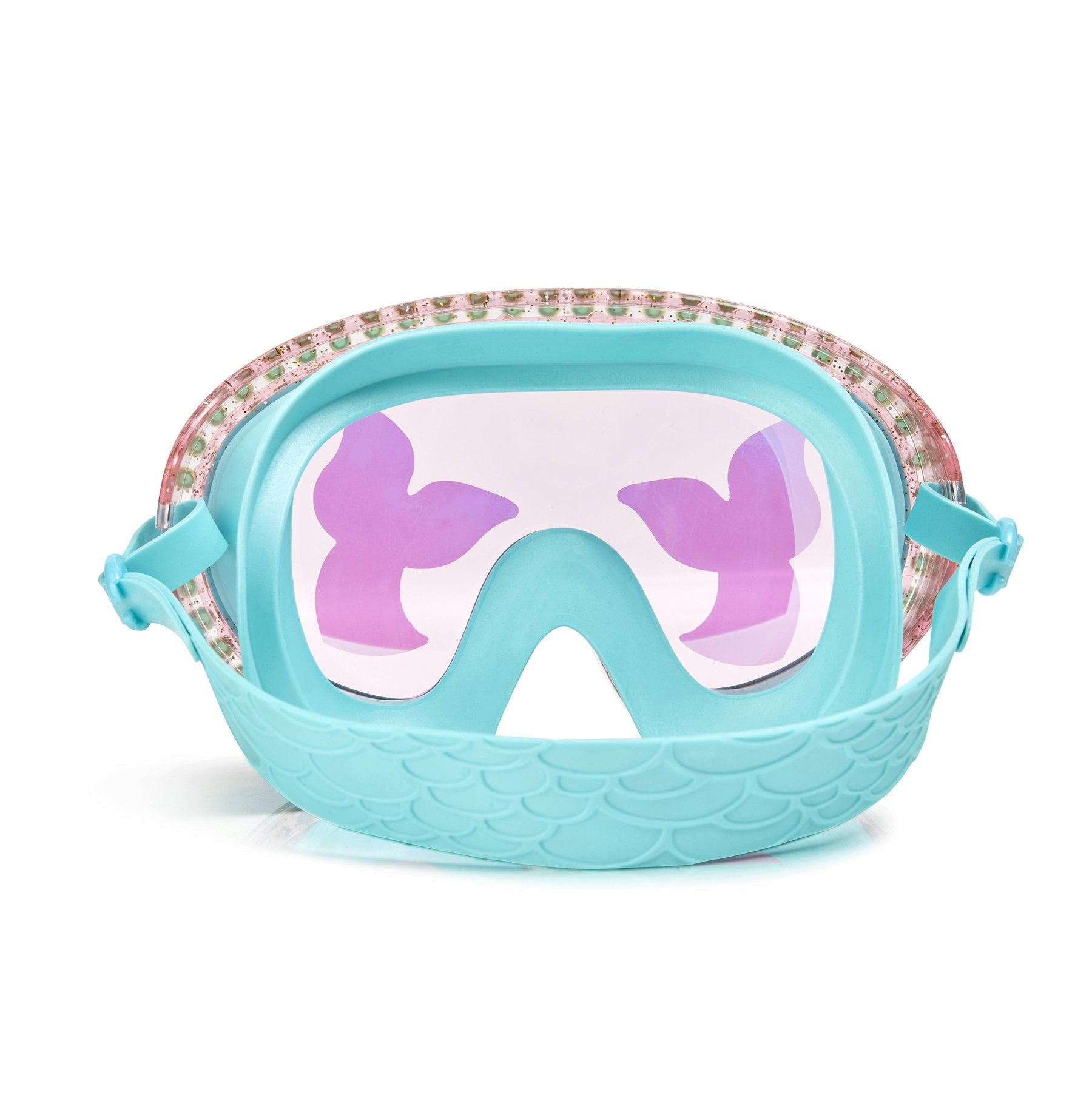 The Bling2o Blue Sushi Blue Sea Swim Mask by Bling2O showcases a turquoise design accented with pink mermaid tail patterns on the lenses, complemented by a textured strap, making it perfect for underwater adventures.