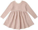 The Quincy Mae Baby Girl’s and Girls’ Ribbed Long Sleeve Dress features pink stripes, a cream collar, gathered waist, flared skirt, and a scoop neckline. The long-sleeve dress is displayed laid flat on a white background.